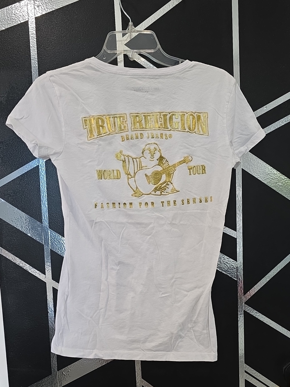 True Religion White Short Sleeve Tee with Gold Graphic Back